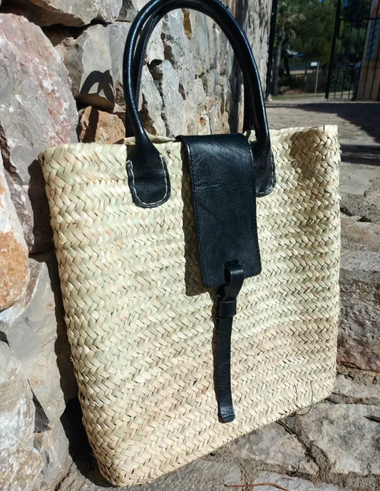 Square Palm Leaf Basket with Black Handles
