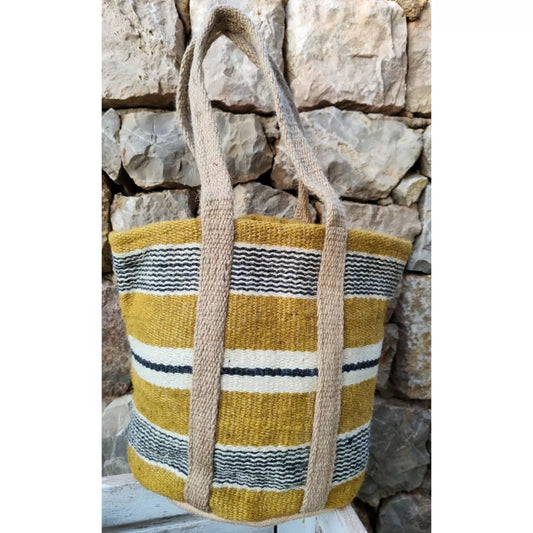 Handcrafted Jute Bag / White, Black, Mustard